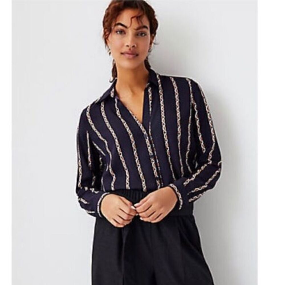 Carmen Marc Valvo Button Up Long Sleeve Chain Link Print Blouse Top - Picture 1 of 5